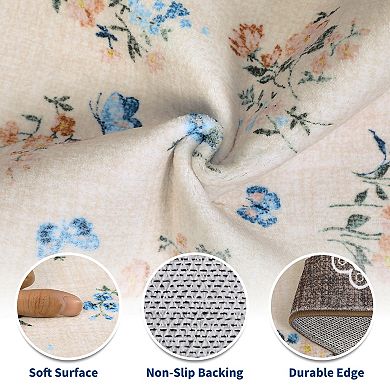 Floral Machine Washable Rug with Rubber Backing Foldable Printed Non Slip Soft Easy Care Carpet
