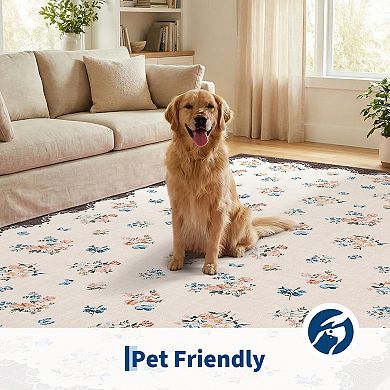 Floral Machine Washable Rug with Rubber Backing Foldable Printed Non Slip Soft Easy Care Carpet