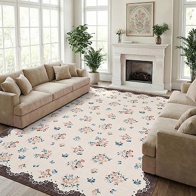 Floral Machine Washable Rug with Rubber Backing Foldable Printed Non Slip Soft Easy Care Carpet