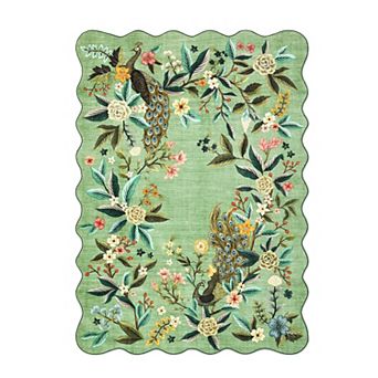 Floral Peacock Scalloped Washable Area Rug Botainical Farmhouse Soft Non Slip Carpet