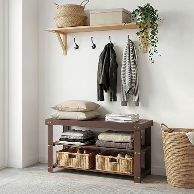 Wood Shoe Storage Organizer Bench with Tiered Shelves for Entryway Hallway Patio
