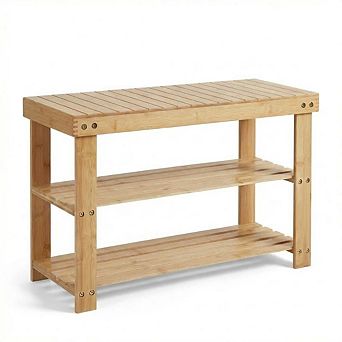 Wood Shoe Storage Organizer Bench with Tiered Shelves for Entryway Hallway Patio
