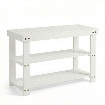 Wood Shoe Storage Organizer Bench with Tiered Shelves for Entryway Hallway Patio