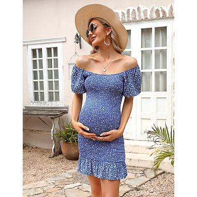 Women Cold Shouder Square Neck Elastic Wrap Lotus Leaf Maternity Dress