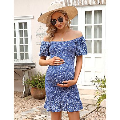 Women Cold Shouder Square Neck Elastic Wrap Lotus Leaf Maternity Dress