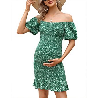 Women Cold Shouder Square Neck Elastic Wrap Lotus Leaf Maternity Dress