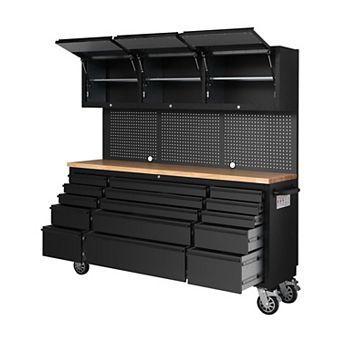 Heavy-Duty 72-Inch Rolling Tool Chest Cabinet with 15 Drawers and 3 Upper Cabinets