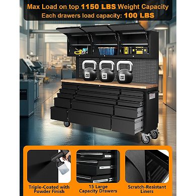 Heavy-Duty 72-Inch Rolling Tool Chest Cabinet with 15 Drawers and 3 Upper Cabinets