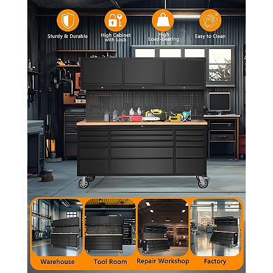 Heavy-Duty 72-Inch Rolling Tool Chest Cabinet with 15 Drawers and 3 Upper Cabinets