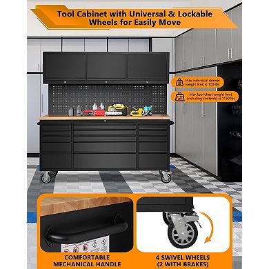 Heavy-Duty 72-Inch Rolling Tool Chest Cabinet with 15 Drawers and 3 Upper Cabinets