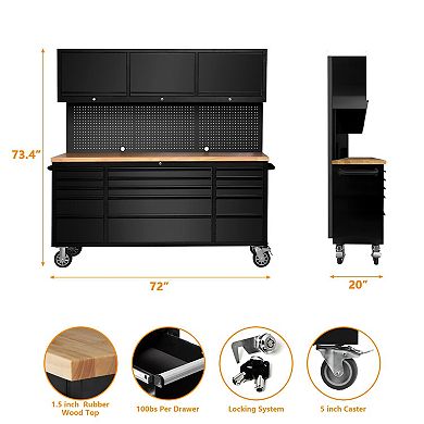 Heavy-Duty 72-Inch Rolling Tool Chest Cabinet with 15 Drawers and 3 Upper Cabinets