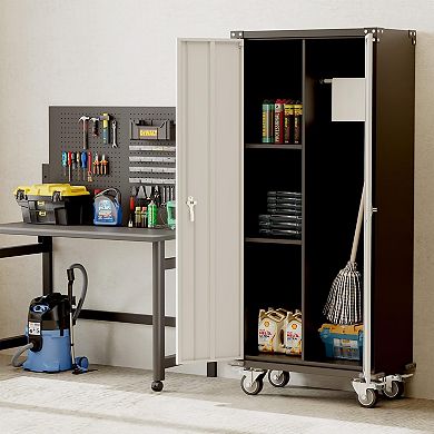 Metal Storage Cabinet with Locking Double Doors, 2 Adjustable Shelves, Cold Rolled Steel Organizer