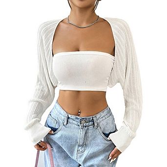 Women's Long Sleeve Knit Shrug Open Front Cropped Bolero Cardigan