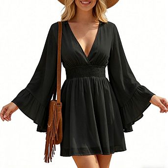 Women's V Neck Long Sleeve Smocked Waist Flared Hem Casual Mini Dress