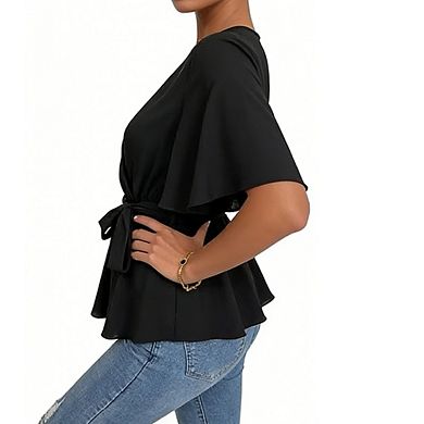 Women's V-Neck Wrap Blouse with Tie Waist and Flutter Sleeves Peplum Top