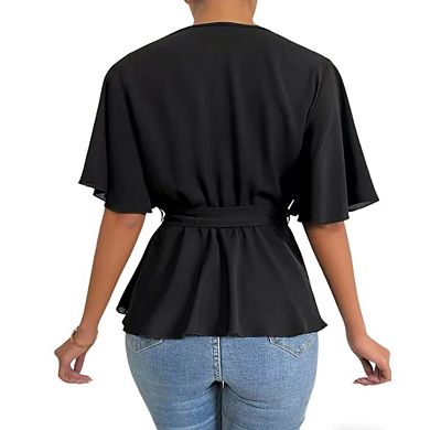 Women's V-Neck Wrap Blouse with Tie Waist and Flutter Sleeves Peplum Top