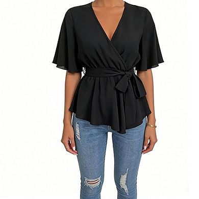 Women's V-Neck Wrap Blouse with Tie Waist and Flutter Sleeves Peplum Top