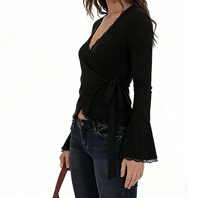 Women's Wrap Front Bell Sleeve Top Lace Trim V Neck Tie Waist Fitted Blouse