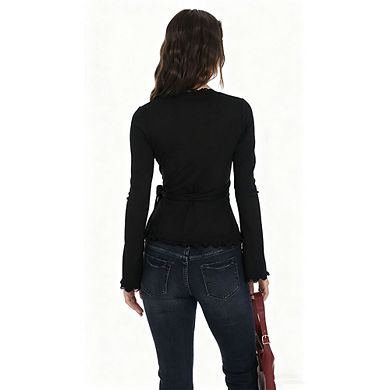 Women's Wrap Front Bell Sleeve Top Lace Trim V Neck Tie Waist Fitted Blouse