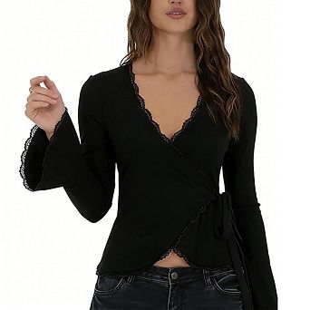 Women's Wrap Front Bell Sleeve Top Lace Trim V Neck Tie Waist Fitted Blouse