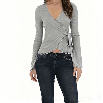 Women's Wrap Front Bell Sleeve Top Lace Trim V Neck Tie Waist Fitted Blouse