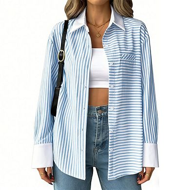 Women's Striped Button Down Shirt Contrast Collar Cuffs Long Sleeve Loose Fit Casual Blouse