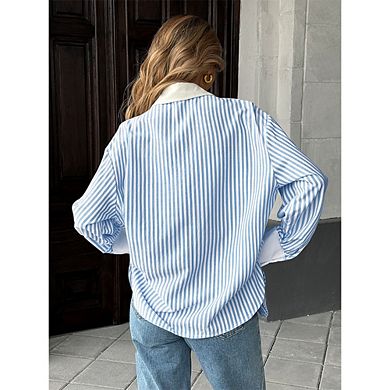 Women's Striped Button Down Shirt Contrast Collar Cuffs Long Sleeve Loose Fit Casual Blouse