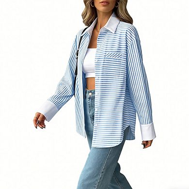 Women's Striped Button Down Shirt Contrast Collar Cuffs Long Sleeve Loose Fit Casual Blouse