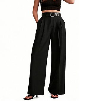 Women's High Waist Pleated Wide Leg Pants Tailored Full-Length Casual Trousers