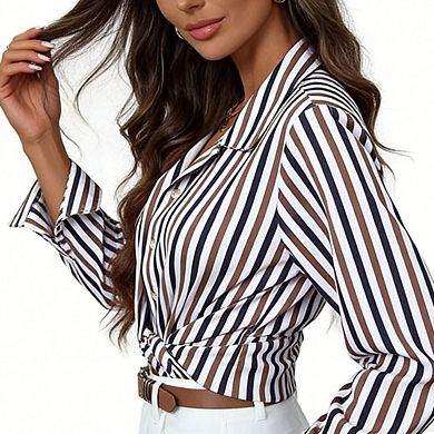 Women's Striped Button Down Shirt Collared Long Sleeve Loose Fit Casual Blouse