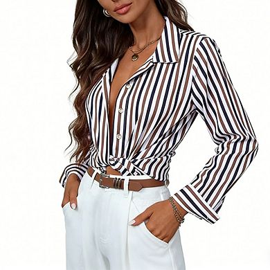 Women's Striped Button Down Shirt Collared Long Sleeve Loose Fit Casual Blouse
