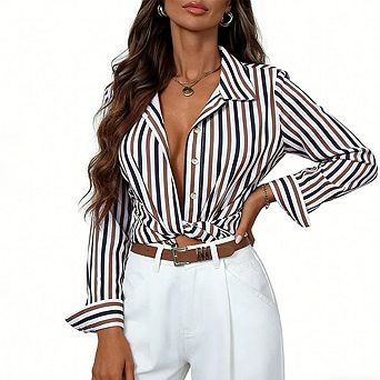 Women's Striped Button Down Shirt Collared Long Sleeve Loose Fit Casual Blouse