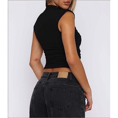 Women's Mock Neck Sleeveless Ruched Crop Top Fitted Casual Comfortable Summer T-Shirt