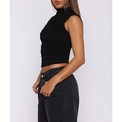 Women's Mock Neck Sleeveless Ruched Crop Top Fitted Casual Comfortable Summer T-Shirt