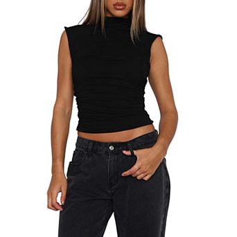 Women's Mock Neck Sleeveless Ruched Crop Top Fitted Casual Comfortable Summer T-Shirt