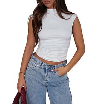 Women's Mock Neck Sleeveless Ruched Crop Top Fitted Casual Comfortable Summer T-Shirt
