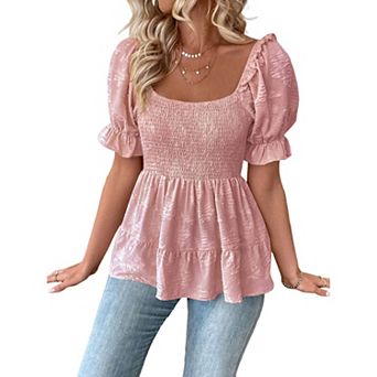 Women's Square Neck Puff Sleeve Blouse Smocked Ruffle Peplum Casual Short Sleeve Babydoll Tops