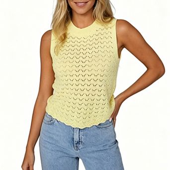 Womens Summer Casual Hollow Out Knit Tank Top Sleeveless Crochet Sweater Vest Crew Neck Shirt Blouse