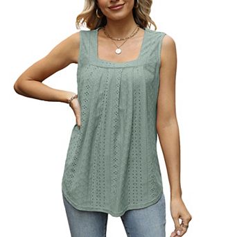 Women's Summer Casual Square Neck Hollow Out Eyelet Tank Top Pleated Sleeveless Blouse Boho Shirt