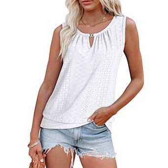 Women's Eyelet Keyhole Hollow Out Tank Top Summer Casual Sleeveless Blouse Soft Boho Crew Neck Shirt