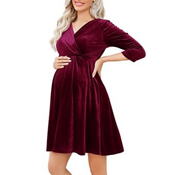 Maternity Dress Woman's V-Neck Small A-Line Velvet Midi Dress