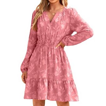 Women's V Neck Long Sleeve Mini Dress Floral Jacquard Smocked A-Line Flowy Spring Casual Dress