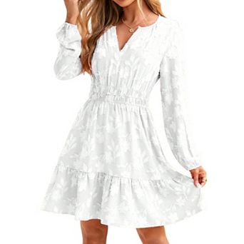 Women's V Neck Long Sleeve Mini Dress Floral Jacquard Smocked A-Line Flowy Spring Casual Dress