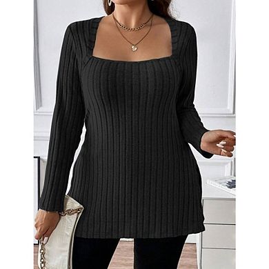 Women's Square Neck Long Sleeve Ribbed Tunic Tops Casual Blouses