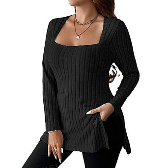 Women's Square Neck Long Sleeve Ribbed Tunic Tops Casual Blouses
