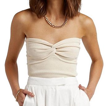 Women's Twist Front Strapless Tube Top Ribbed Knit Crop Tops Casual Blouses