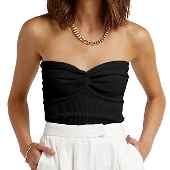 Women's Twist Front Strapless Tube Top Ribbed Knit Crop Tops Casual Blouses