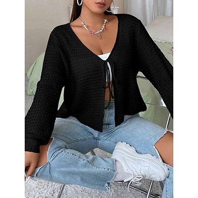 Women's Tie Front Open Knit Cardigans Long Sleeve Crochet Sweaters Casual Tops