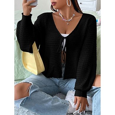 Women's Tie Front Open Knit Cardigans Long Sleeve Crochet Sweaters Casual Tops