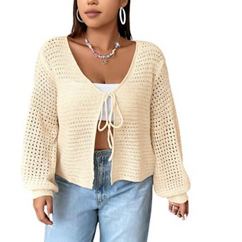 Women's Tie Front Open Knit Cardigans Long Sleeve Crochet Sweaters Casual Tops